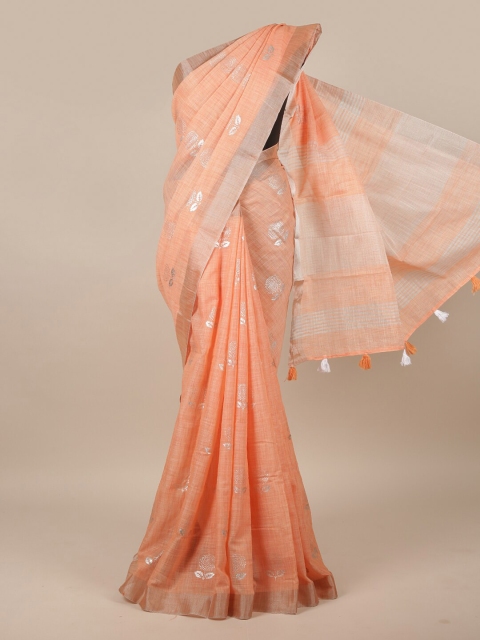 

Pothys Peach-Coloured & Silver-Toned Floral Printed Linen Blend Saree