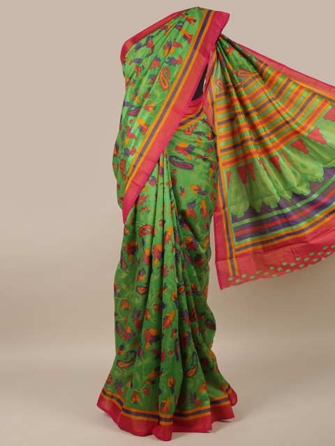 

Pothys Green & Orange Paisley Printed Jute Silk Saree