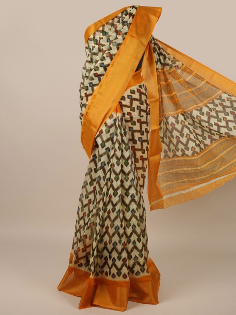 

Pothys Cream-Coloured & Yellow Ethnic Motifs Saree