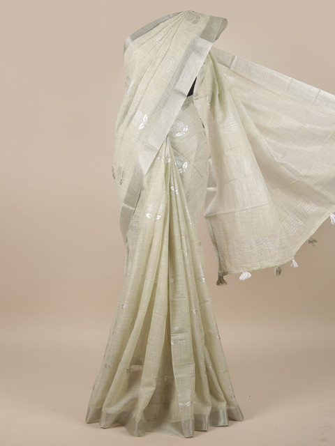 

Pothys Grey & Silver-Toned Floral Linen Blend Saree