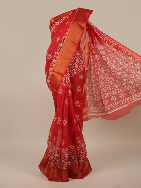 

Pothys Red & Gold-Toned Floral Printed Zari Border Saree