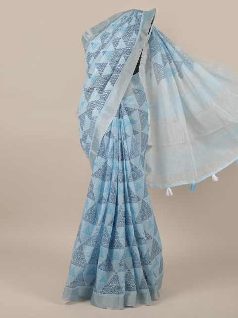 

Pothys Blue & Silver-Toned Printed Zari Linen Blend Saree
