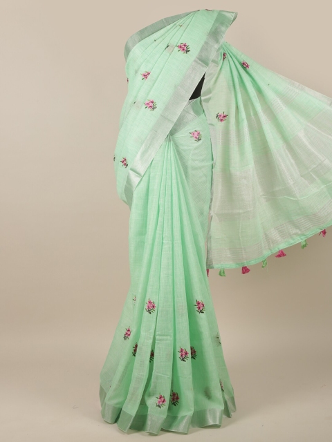 

Pothys Green Linen Blend Floral Embroidered Saree