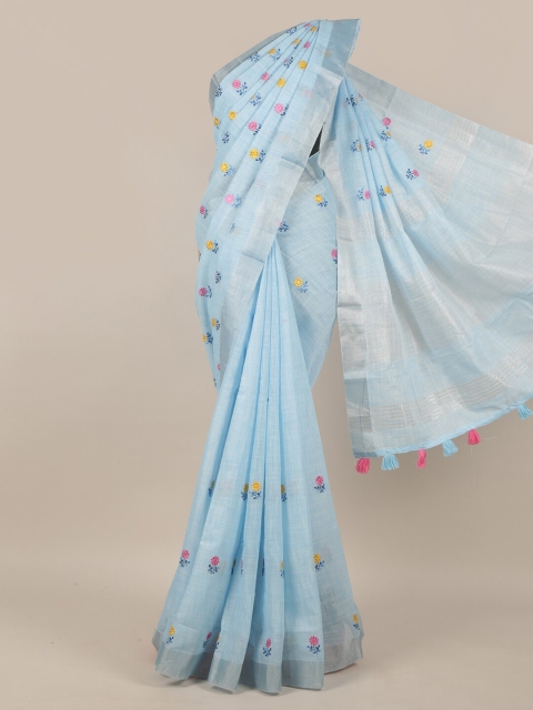 

Pothys Blue Linen Blend Floral Embroidered Saree