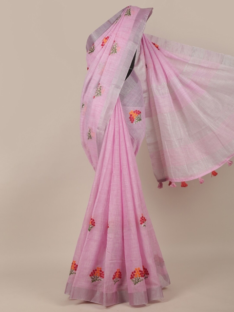 

Pothys Pink & Silver Floral Linen Blend Saree