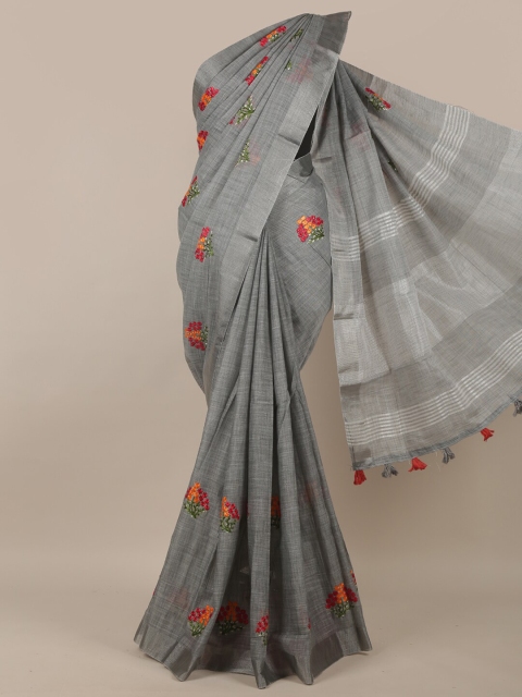 

Pothys Grey & Rose Gold Floral Printed Linen Blend Saree