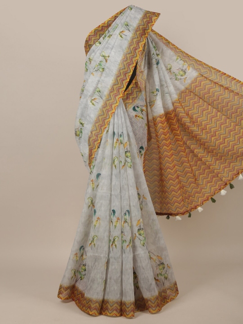 

Pothys Grey & Yellow Floral Printed Jute Silk Saree