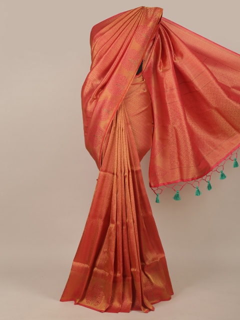 

Pothys Red & Gold-Toned Ethnic Motifs Beads and Stones Jute Silk Saree