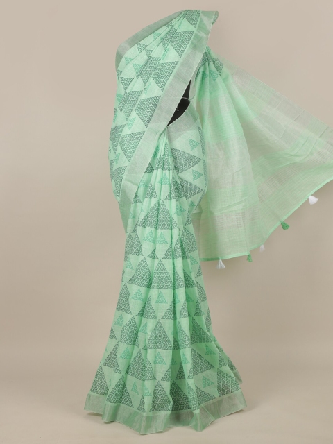 

Pothys Green & Silver-Toned Printed Zari Border Linen Blend Saree