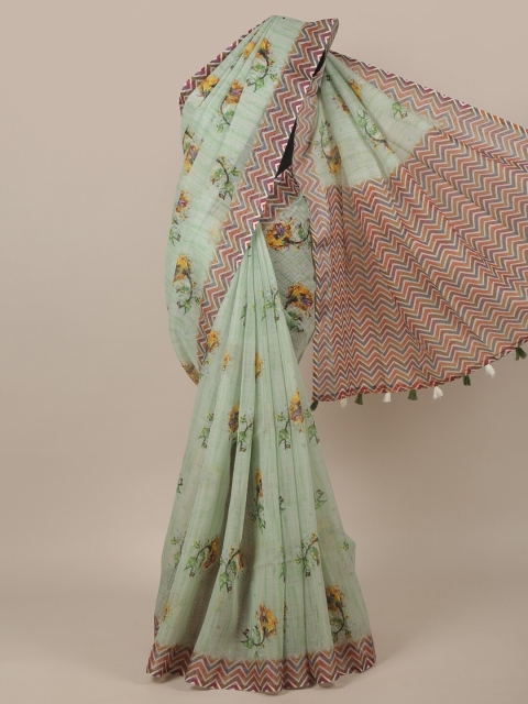 

Pothys Green & Yellow Floral Printed Jute Silk Saree