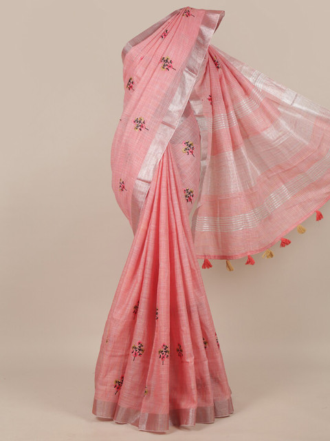 

Pothys Women Pink Linen Blend Floral Embroidered Saree