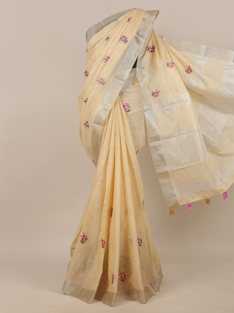 

Pothys Women Beige Embroidered Linen Blend Saree