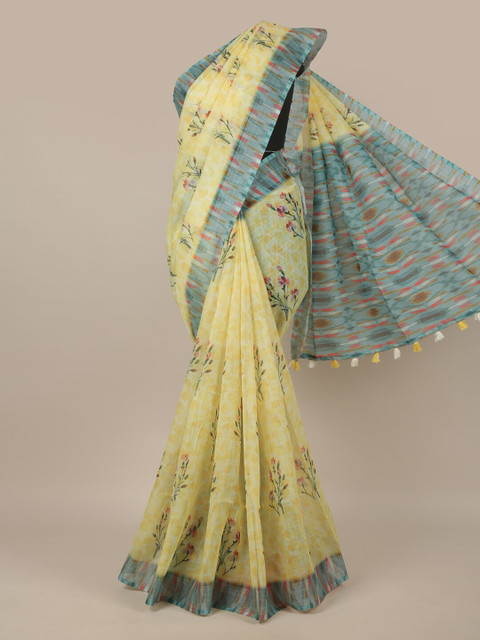 

Pothys Yellow & Blue Floral Printed Jute Silk Saree
