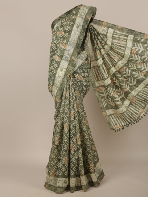 

Pothys Green & Beige Floral Jute Silk Saree