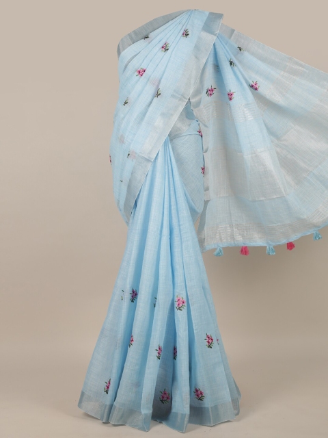 

Pothys Blue & Silver-Toned Floral Embroidered Linen Blend Saree
