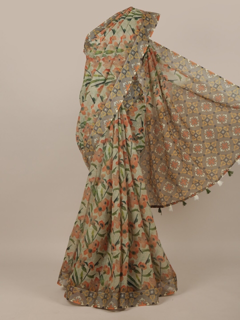 

Pothys Green & Orange Floral Printed Jute Silk Saree