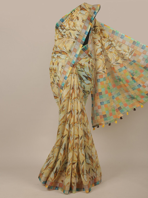 

Pothys Yellow & Blue Floral Jute Silk Saree