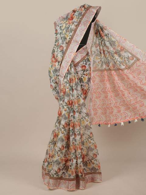 

Pothys Cream-Coloured & Grey Floral Printed Jute Silk Saree