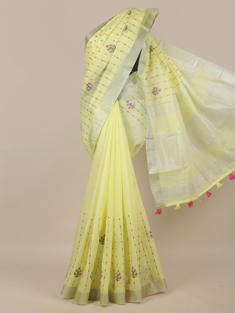 

Pothys Yellow & Silver-Toned Floral Linen Blend Saree