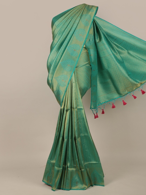 

Pothys Green & Gold-Toned Ethnic Motifs Beads and Stones Jute Silk Saree