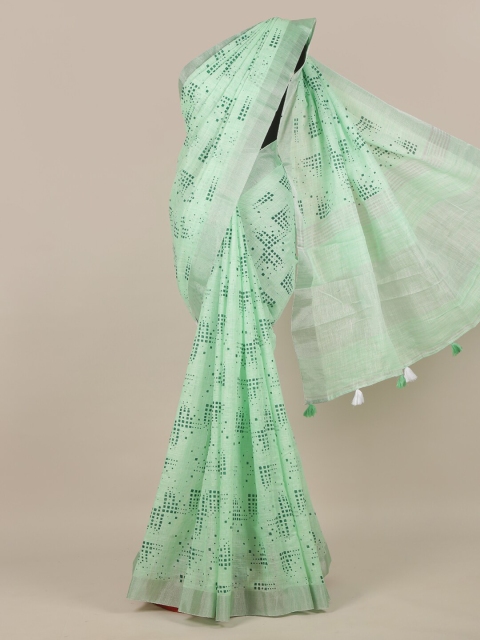 

Pothys Green & Silver-Toned Printed Linen Blend Saree