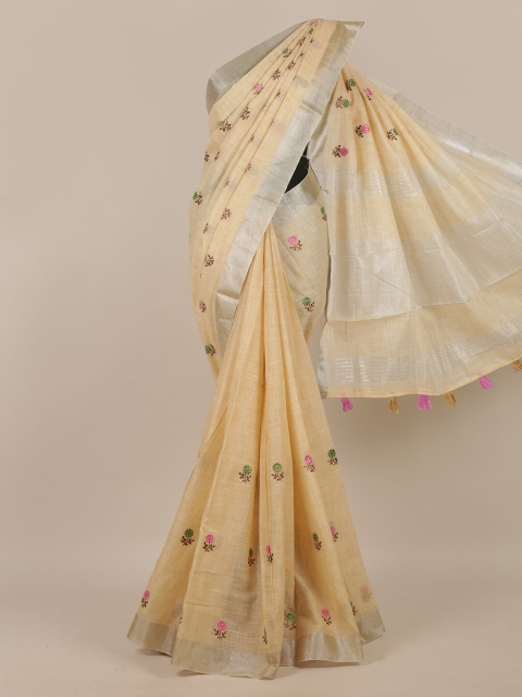 

Pothys Beige & Pink Floral Zari Linen Blend Saree