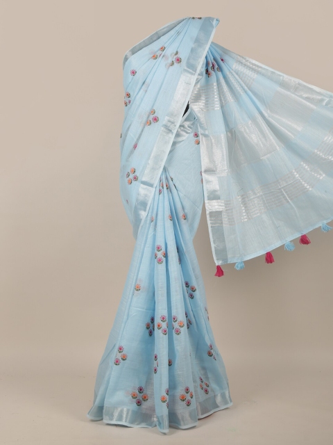 

Pothys Blue & Green Floral Linen Blend Saree