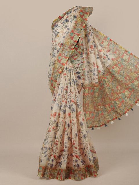 

Pothys Cream-Coloured & Grey Floral Jute Silk Saree
