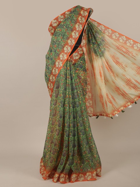 

Pothys Green & Orange Ethnic Motifs Jute Silk Saree