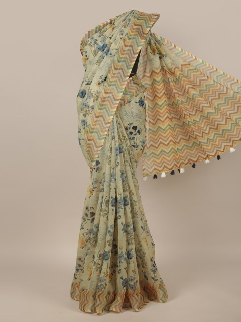 

Pothys Green & Grey Floral Printed Jute Silk Saree
