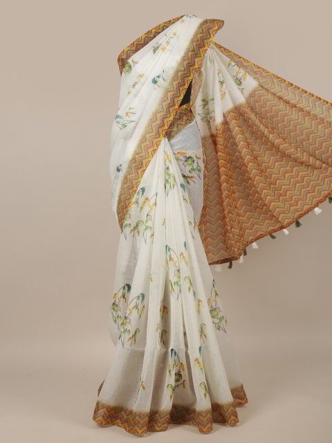 

Pothys Off White & Brown Floral Printed Jute Silk Saree