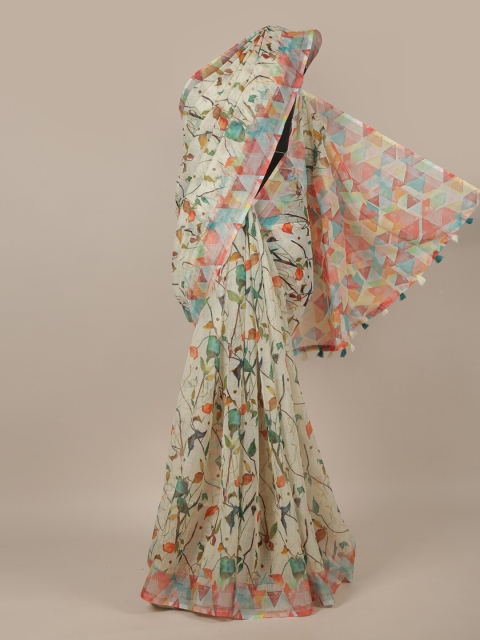 

Pothys Cream-Coloured & Blue Floral Printed Jute Silk Saree