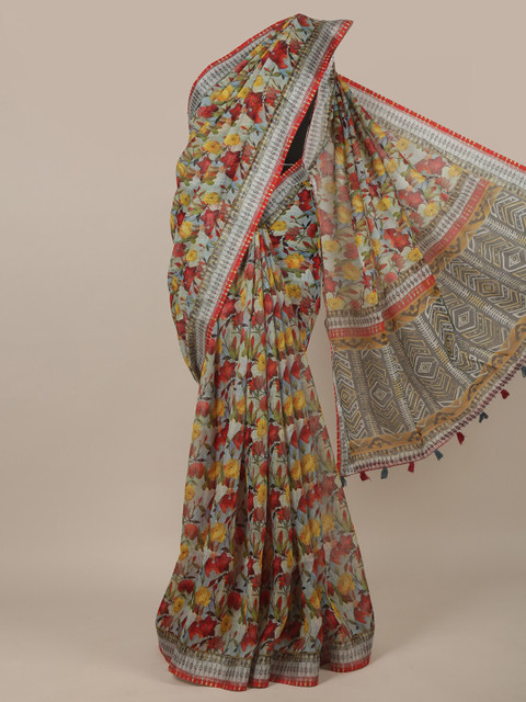 

Pothys Grey & Red Floral Printed Jute Silk Saree