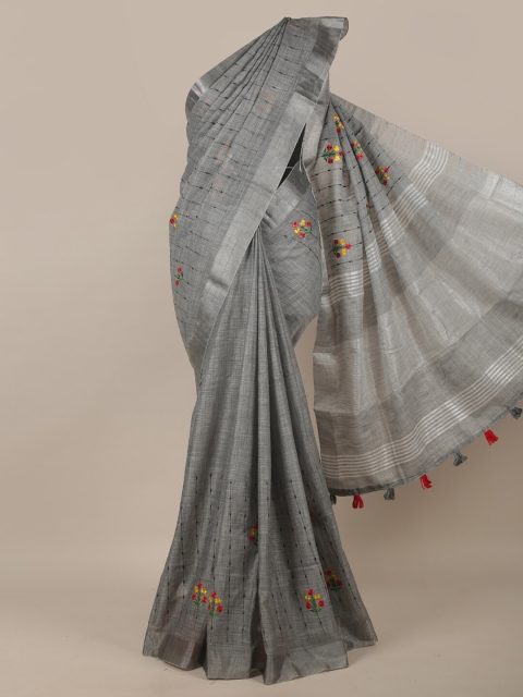 

Pothys Grey Linen Blend Floral Embroidered Saree