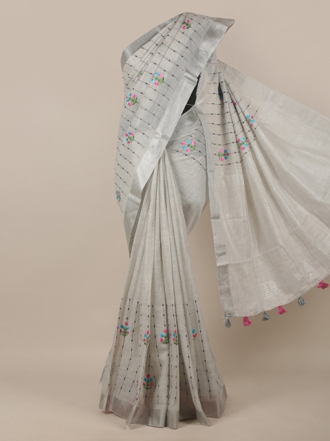 

Pothys Silver-Toned & Blue Floral Linen Blend Saree