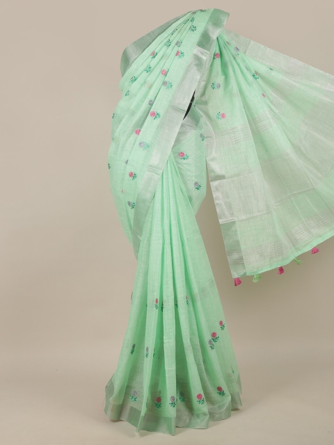 

Pothys Green & Pink Floral Embroidered Linen Blend Saree