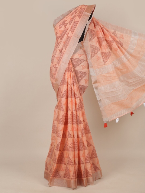 

Pothys Peach-Coloured & Silver-Toned Printed Linen Blend Saree