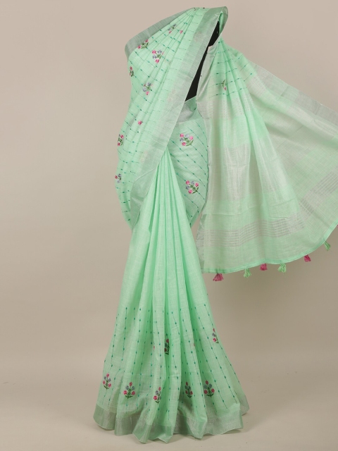 

Pothys Green & Fuchsia Floral Embroidered Linen Blend Saree