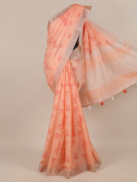 

Pothys Peach-Coloured & Red Printed Linen Blend Saree