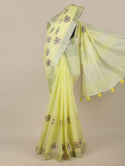 

Pothys Yellow & Green Floral Zari Linen Blend Saree