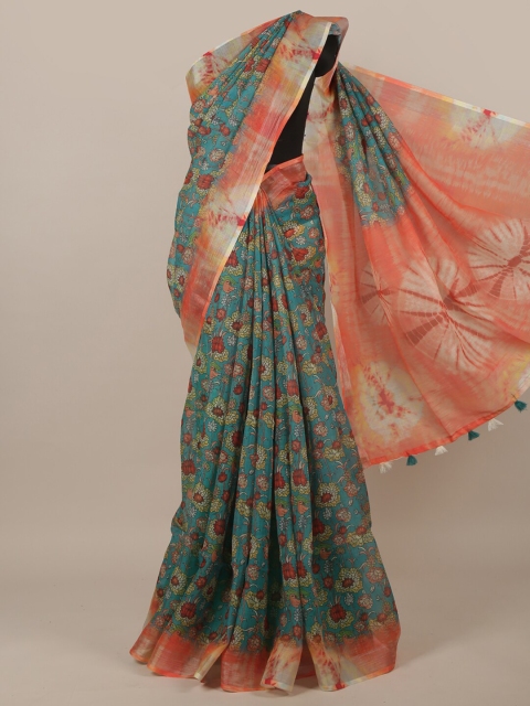 

Pothys Green & Orange Floral Printed Jute Silk Saree