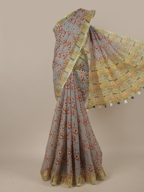

Pothys Grey & Pink Floral Printed Jute Silk Saree