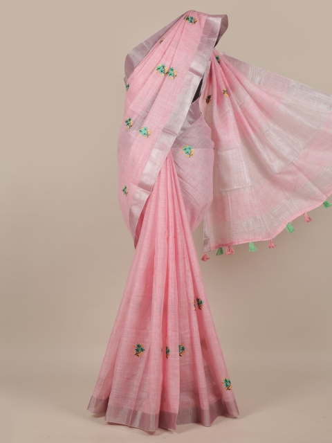 

Pothys Pink & Green Floral Zari Linen Blend Saree
