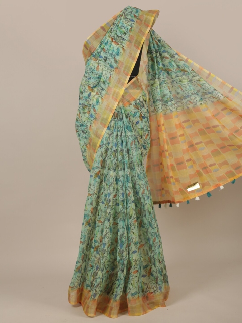 

Pothys Green & Yellow Floral Jute Silk Saree