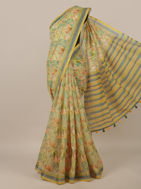 

Pothys Cream-Coloured & Yellow Floral Jute Silk Saree