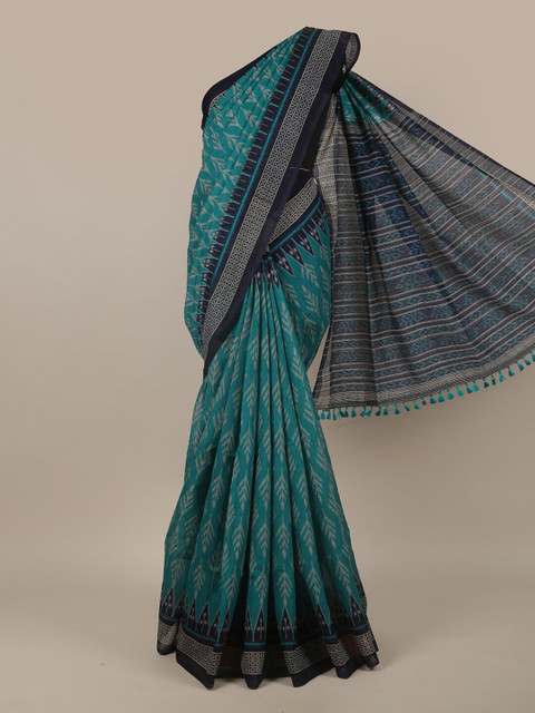 

Pothys Teal & Navy Blue Printed Jute Silk Saree