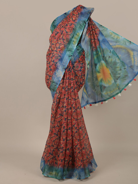 

Pothys Pink & Blue Floral Printed Zari Jute Silk Saree