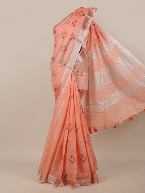 

Pothys Peach-Coloured & Silver-Coloured Ethnic Motifs Embroidered Linen Blend Saree