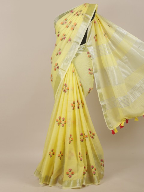 

Pothys Yellow Linen Blend Floral Embroidered Saree