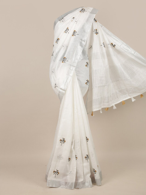 

Pothys White & Green Floral Linen Blend Saree